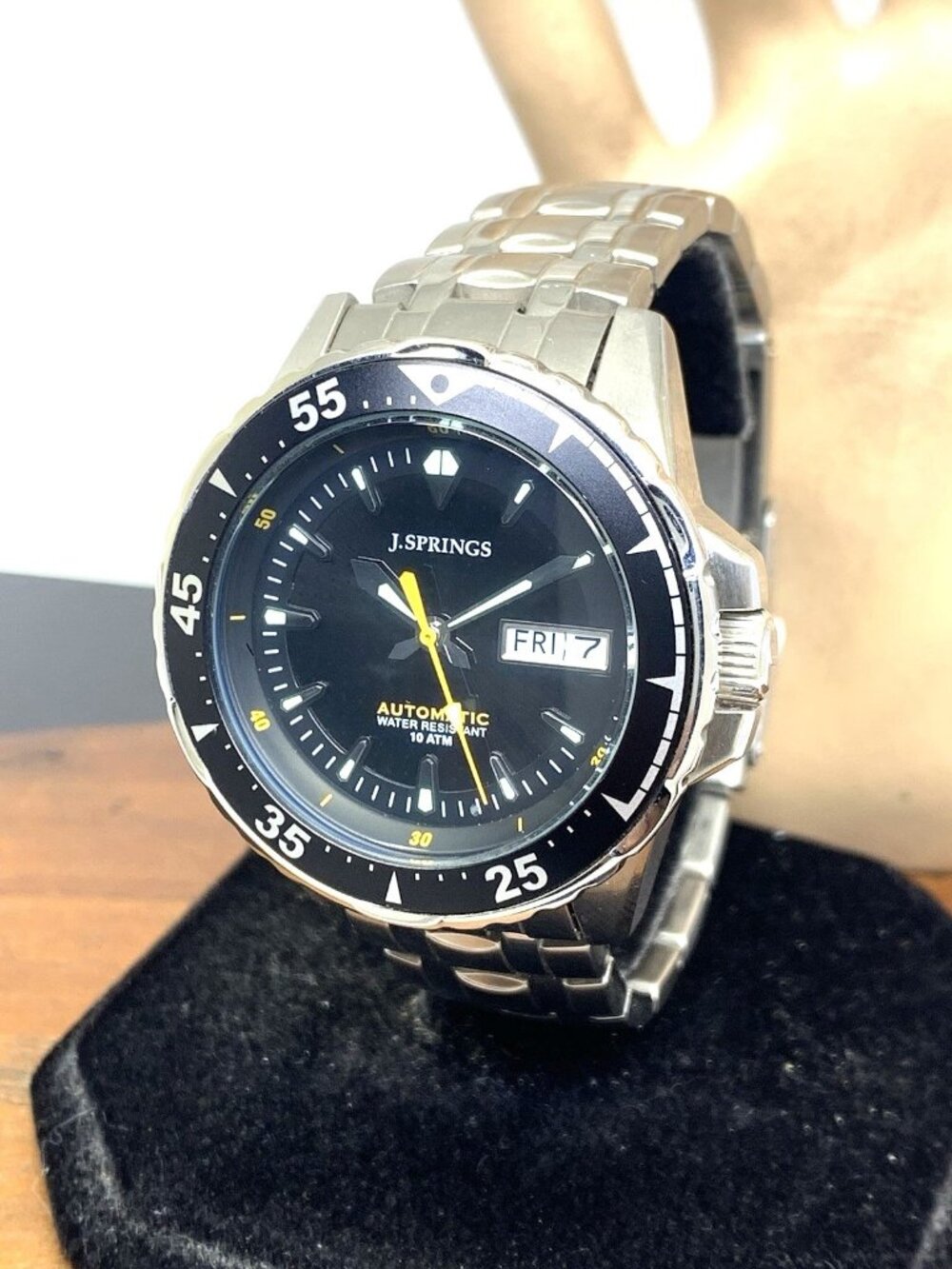 J. Springs Men's Watch Automatic Black Dial Day Date Silver Stainless Steel 41mm